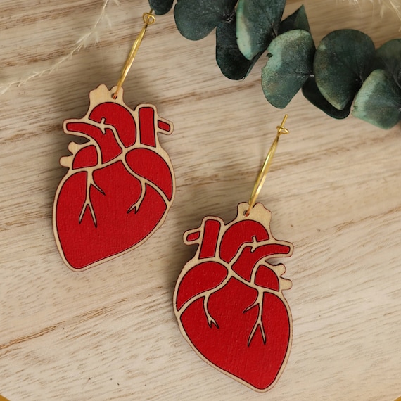 Hand-Painted Anatomical Heart Earrings: 18k Gold-Plated Hoops