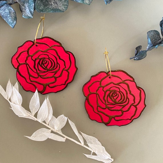 Giant Red Rose Hoops Flower Hoop Earrings Romantic Red Jewelry Hypoallergenic Etsy