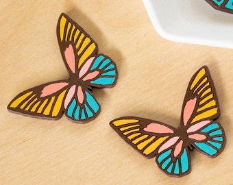 Oversized Statement 70s Butterfly Stud Earrings, Muted Pastel Hand Painted Wooden Insect Studs, Retro Butterfly Earrings