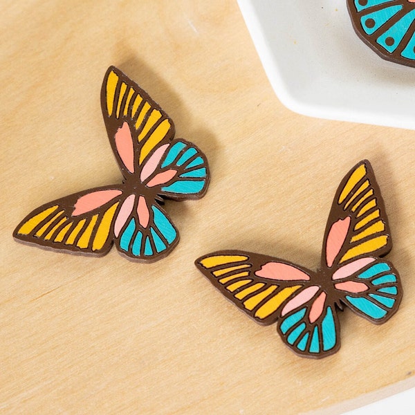 Oversized Statement 70s Butterfly Stud Earrings, Muted Pastel Hand Painted Wooden Insect Studs, Retro Butterfly Earrings