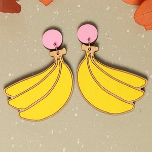 Handmade Banana Stud Dangle Earrings, Laser Cut Hand Painted Earrings, Tropical Fruit Hoops, Chiquita Banana