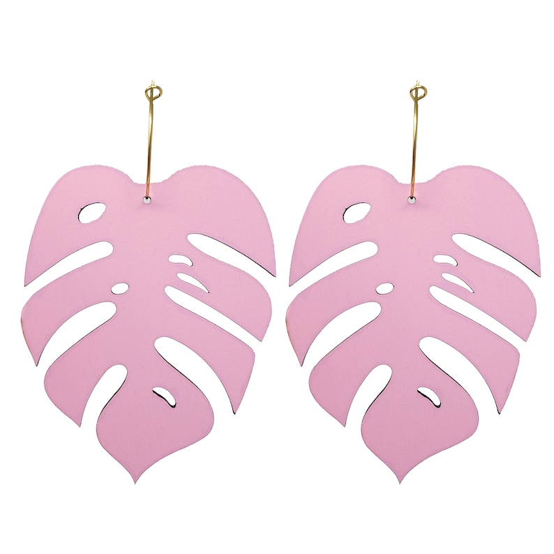 Oversize Baby Pink Monstera Hoops, Hand Painted Wooden Tropical Earrings image 2