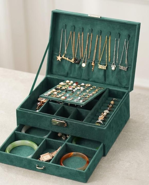 Velvet Jewelry Box Lockable, Large Green Jewelry Organizer, Luxury Vintage Storage with Dividers, Jewelry Box for Her Gift