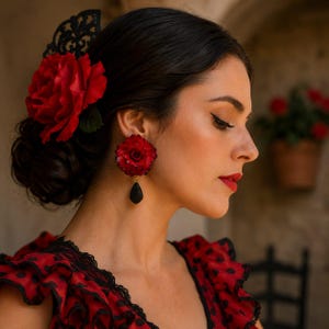 Könnte beinhalten: Ein Paar Ohrringe mit einem dunkelroten Blumenstecker und einem schwarzen, tropfenförmigen Anhänger. Die Ohrringe werden zusammen mit einer großen roten Stoffblume und einem schwarzen Spitzenhaarkamm zu einem rot-schwarz gepunkteten Oberteil getragen.