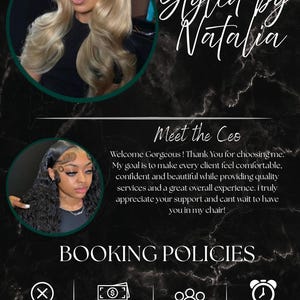 May include: A promotional graphic for Welcome Beauty, featuring two women with styled hair. Text includes "Styled by Natalia," "Meet the CEO," and booking policies. The background is a dark marble pattern.