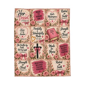 May include: A rectangular throw blanket featuring a grid of sixteen panels with pink roses, bows, and religious text including Her Vessel, God's Masterpiece, Jesus is my Anchor, Fearfully and Wonderfully Made, and a graphic of a Holy Bible and a cross.