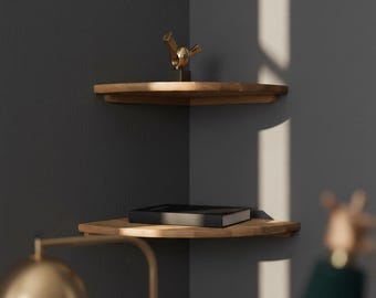 Juego de 2 estantes esquineros de roble macizo, estantes flotantes de pared, decoración rústica para esquinas, estante para plantas para dormitorio, cocina y sala de estar.