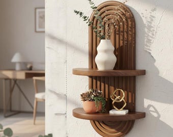 Estantería de pared moderna arqueada de nogal, estante flotante estilo bohemio, decoración de mediados de siglo, soporte para plantas de madera, estante de pared estilo art déco