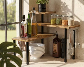 Estante organizador rústico de 3 niveles para encimera, especiero de esquina, estación de café, almacenamiento para baño, soporte de madera ajustable