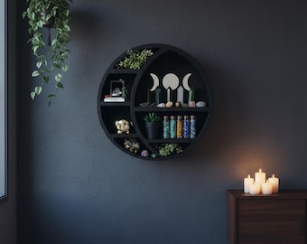 Estantería de pared redonda con forma de luna, estante de cristal colgante de madera rústica negra, estante de pared bohemio gótico, decoración de bruja para el hogar, estante de almacenamiento y exhibición.