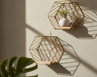 Juego de 2 estantes de pared hexagonales dorados, estantes flotantes de metal y madera, decoración geométrica nórdica, organizador de almacenamiento para plantas.