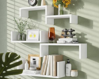 Juego de 5 estantes flotantes de pared de madera blanca lavada para baño, cocina y dormitorio. Estante de decoración moderna para el hogar.