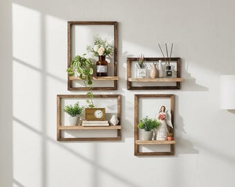 Juego de 4 estantes de pared rústicos de madera, estantes flotantes estilo granja, estantes de pared decorativos, estante de pared bohemio, estante de almacenamiento para plantas de baño.