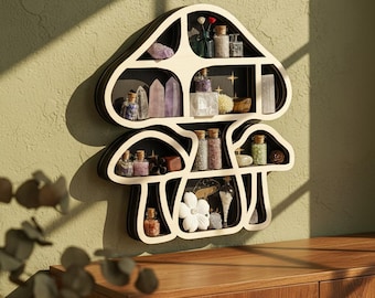 Estantería de cristal con forma de hongo para colgar en la pared, decoración flotante para exhibir piedras, aceites esenciales y decoración de habitación infantil con temática de brujería.