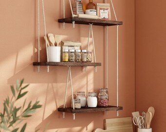 Estantería colgante de pared estilo bohemio de 3 niveles, estantes flotantes de madera rústica, organizador de plantas con cuerda, decoración para baño, dormitorio y cocina, color marrón.