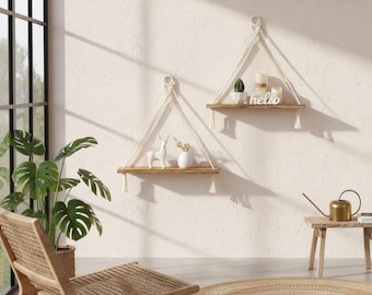 Juego de 2 estantes colgantes de pared estilo boho, estantes flotantes de madera y macramé con forma triangular para decoración de pared, ideales para dormitorio, baño, cuarto infantil o cocina.