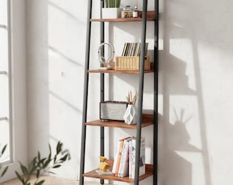 Estantería de escalera rústica de 4 niveles, estantería de esquina estrecha, estantería industrial para dormitorio y baño.