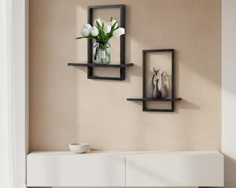 Juego de 2 estantes flotantes cuadrados negros para pared. Estantes de madera estilo art déco, decoración moderna para sala de estar y baño, ideales para exhibir plantas.