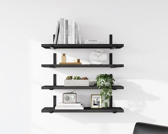 Juego de 5 estantes flotantes negros de madera para montaje en pared, estilo rústico, ideales para la decoración de cocinas, dormitorios, salas de estar y baños.