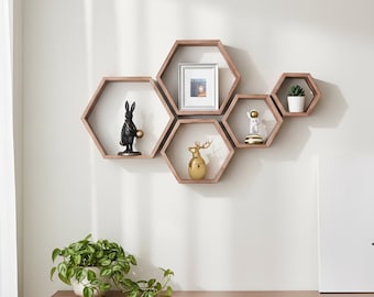 Juego de 5 estantes flotantes hexagonales, estantes de pared de madera rústica, decoración de estantes tipo panal, almacenamiento de pared estilo bohemio, estantes para baño y cocina.
