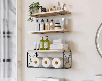 Estantes flotantes de pared, juego de 3 estantes de madera con cesta, estante para baño, estante para cocina, decoración de pared, estante de almacenamiento que ahorra espacio.