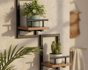 Juego de 2 estantes flotantes de pared de metal negro para plantas, maceteros de pared para interiores, decoración moderna, estante pequeño para exhibición en la pared que ahorra espacio.