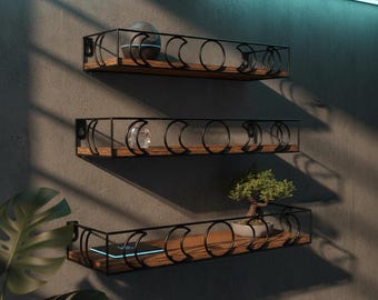 Juego de estantes de pared con fases lunares, estante flotante decorativo, almacenamiento de pared marrón y negro, estante para plantas de cristal, decoración para dormitorio infantil.