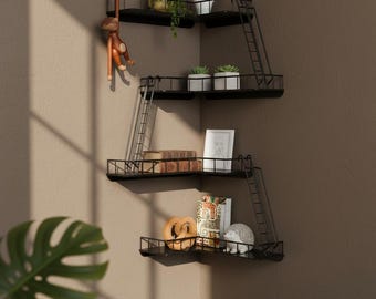 Estantería de pared con forma de escalera de incendios, estante de esquina de 4 niveles, estante de escalera de metal, estantes flotantes estilo Nueva York, decoración de pared moderna