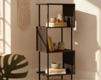 Estantería en forma de S de 4 niveles, estantería para espacios pequeños, estante de almacenamiento industrial, organizador de exhibición independiente, madera negra.
