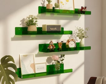 Juego de 4 estantes de pared de acrílico verde, estantes flotantes, organizador de baño, estantería infantil, decoración de pared moderna, almacenamiento.