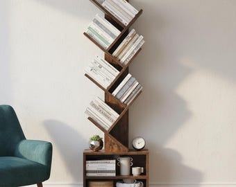 Estantería de árbol, estantería estrecha, librería alta, estantería pequeña que ahorra espacio, estantería rústica de madera, estantería moderna tipo escalera con cajones.