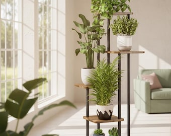 Soporte esquinero de 5 niveles para plantas de interior, estante de metal rústico marrón y negro para plantas altas, ideal para la decoración de la sala de estar y el balcón.