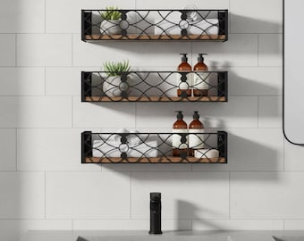 Juego de 3 estantes flotantes vintage para pared, de madera rústica y metal, ideales para baño, cocina o como organizador de pared.
