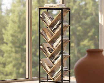 Estantería de árbol de 9 niveles para espacios pequeños, librería rústica industrial de suelo, estantería de madera para libros para salón.