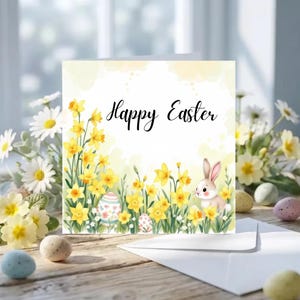 Happy Easter Card, Daffodil Flower Bunny Easter Egg, Spring Floral Easter Greetings