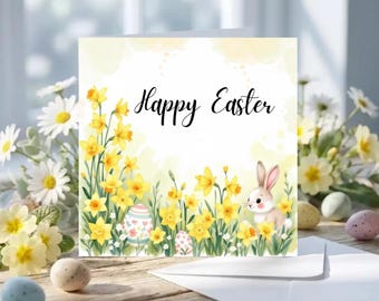 Happy Easter Card, Daffodil Flower Bunny Easter Egg, Spring Floral Easter Greetings