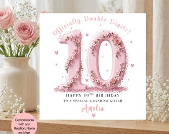 Personalised 10th Birthday Card, Officially Double Digits, Tenth Birthday Pink Card with Name Age, 10th Bday Gift for Daughter Niece Sister