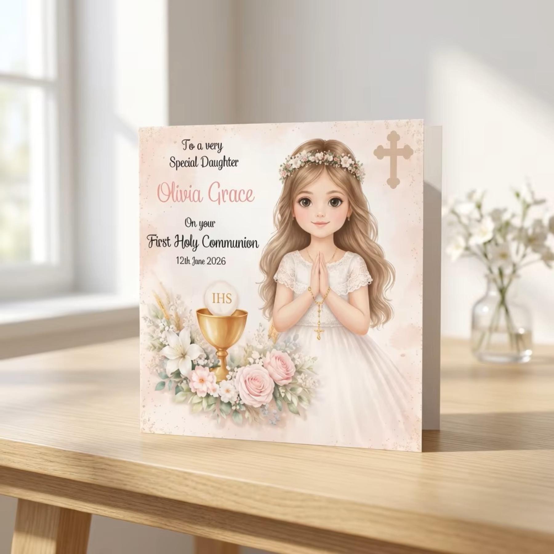 Personalised First Holy Communion Card for Girl, Custom Name & Date ...