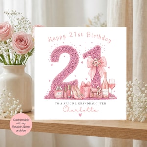 May include: A square, white birthday card with the text "Happy 21st Birthday" in pink. The number "21" is formed with pink beads, and the card includes illustrations of gifts, shoes, and a wine bottle. The card is personalized with the name "Charlotte".