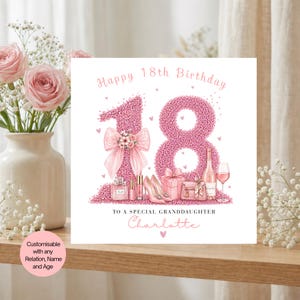 May include: A pink 18th birthday card with the text "Happy 18th Birthday" and "To a special granddaughter Charlotte". The number 18 is formed from pink glitter, with illustrations of gifts, shoes, and perfume.