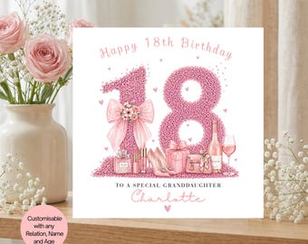 Personalised 18th Birthday Card, Custom Name Birthday Card for Her Daughter Granddaughter Sister Niece Friend, Eighteenth Pink Birthday Gift