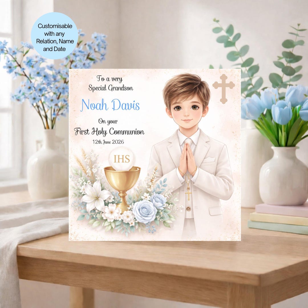 Personalised First Holy Communion Card for Boy, Custom Name & Date ...