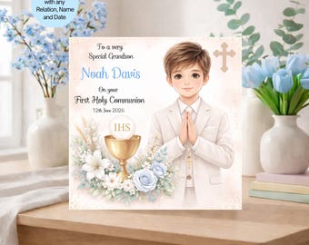 Personalised First Holy Communion Card for Boy, Custom Name & Date, Catholic Communion Gift, Handmade Religious Keepsake Card for Grandson