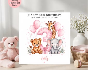 Personligt födelsedagskort för flicka, 3 år, rosa födelsedagskort för dotter, barnbarn, systerdotter, söta djungeldjur