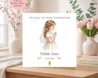 Biglietto personalizzato per la Prima Comunione, con nome e data a scelta, biglietto per la Prima Comunione della Chiesa Cattolica per bambina, biglietto ricordo religioso fatto a mano