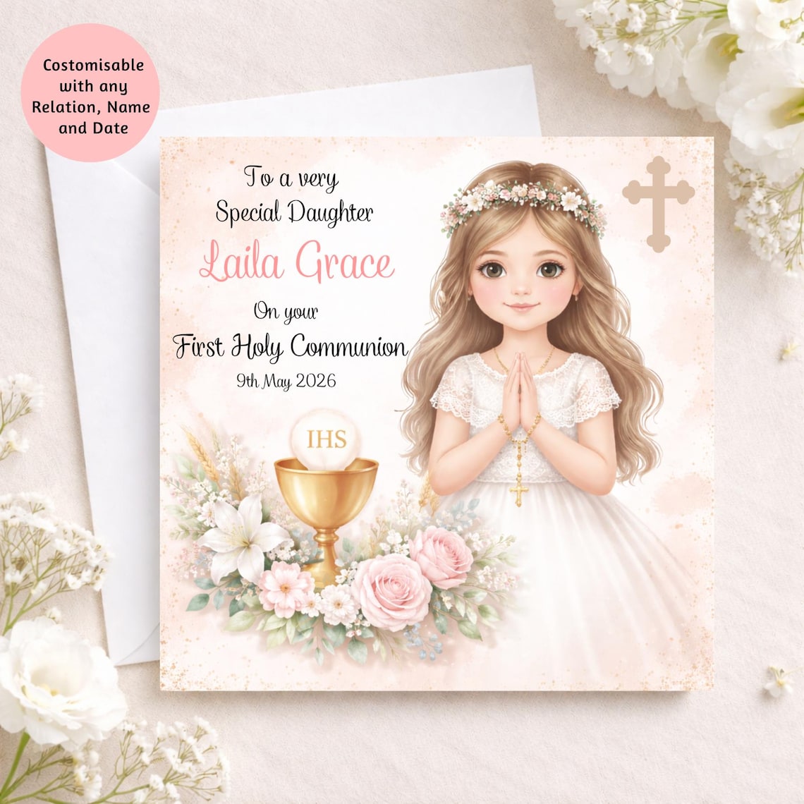 Personalised First Holy Communion Card for Girl, Custom Name & Date ...