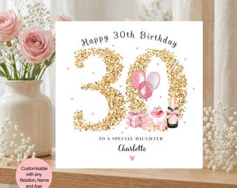 お母さん、奥さん、娘さん、叔母さん、姪っ子、親友への30歳の誕生日のお祝いに贈る、ピンクゴールドのパーソナライズされたカード。30歳の記念品、女性への30歳へのギフト。