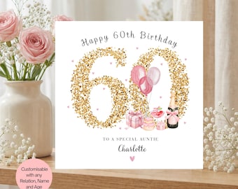 Personalised 60th Birthday Card for Mum Wife Daughter Auntie Best Friend Pink Gold Sixtieth Gift For Her, Female Turning 60, Fabulous Sixty