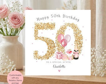 Personalised 50th Birthday Card for Mum Wife Daughter Auntie Best Friend Pink Gold Fiftieth Gift For Her, Female Turning 50, Fabulous Fifty