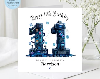 Personalized 11th Gaming Birthday Card for Son Grandson Nephew Brother Friend, Blue Game Theme Eleventh Birthday Card for Boy Gamer, Age 11